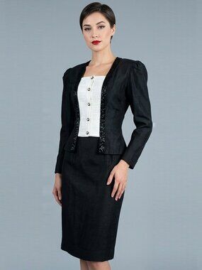 Vintage 80s Samuel Scott Skirt Suit Set M NOS Deadstock Beaded Tuxedo Cocktail